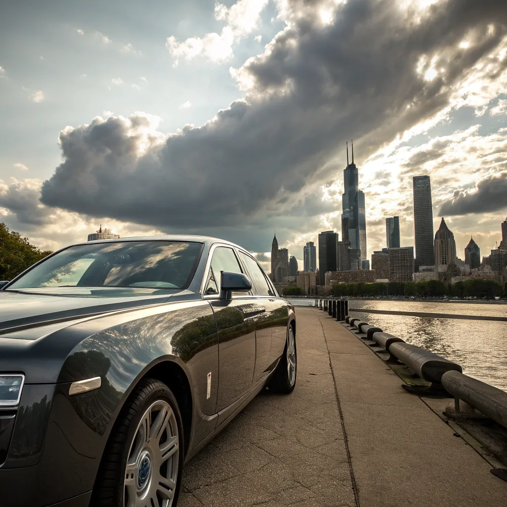 Luxury car for rent parked against a city skyline backdrop